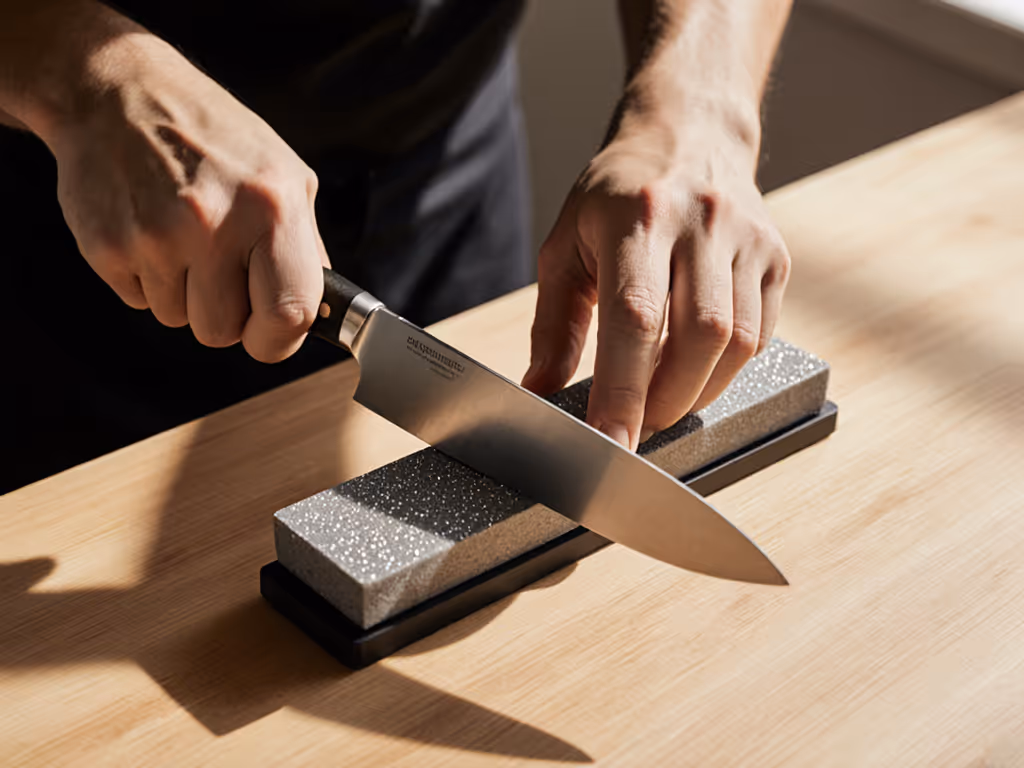 hands_holding_chefs_knife_against_a_diamond_sharpening_stone_on_kitchen_counter